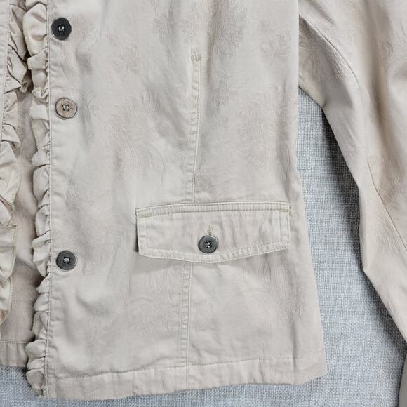 Chico's Womens Jacket Size 1 Beige Mock Neck Button Up Ruffled Trim Long Sleeve - Picture 9 of 16